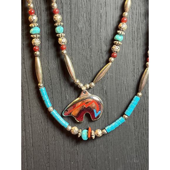 SSL Sterling Silver Turquoise Coral Inlay Bear Necklace Southwest Double Strand - Picture 4 of 6